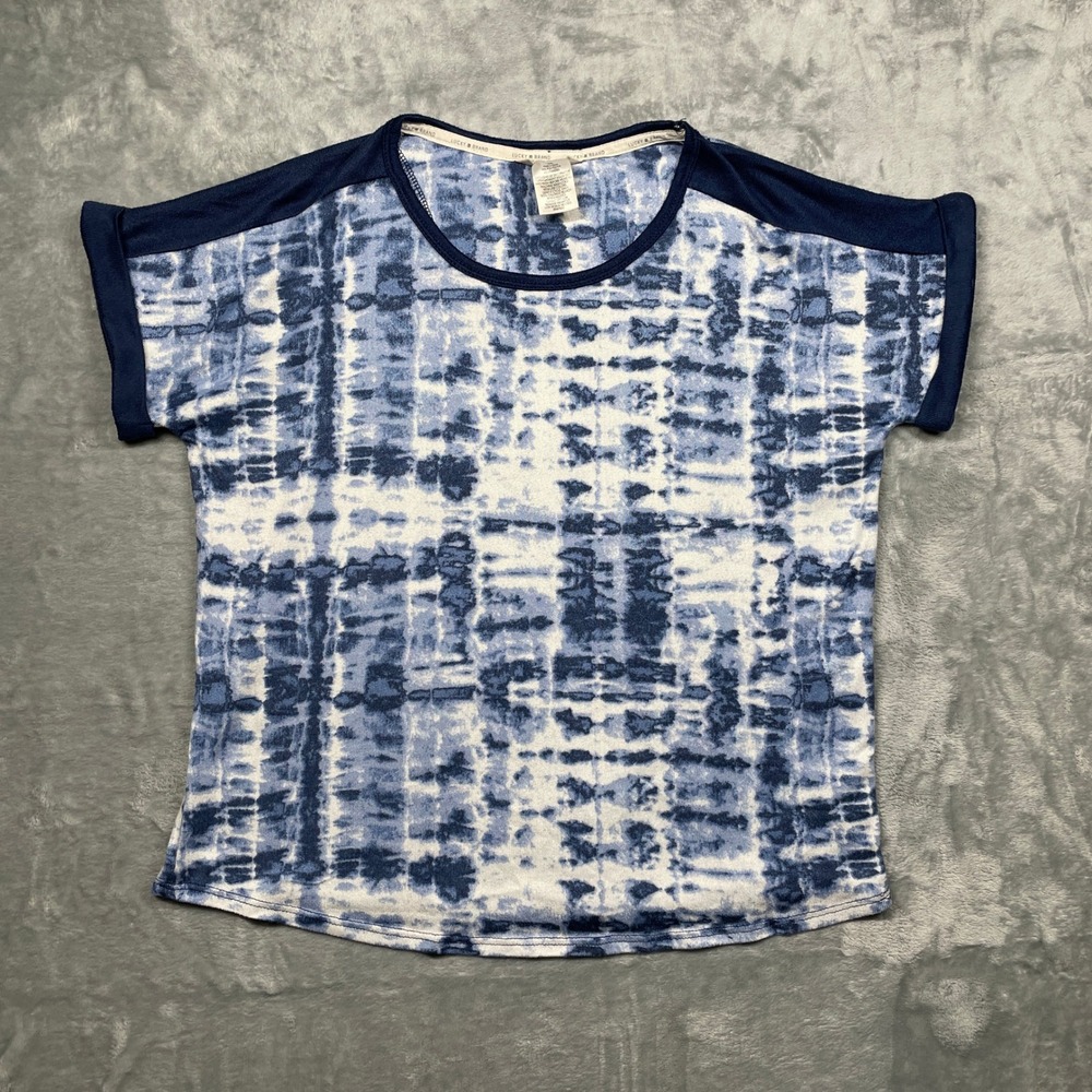 Lucky Brand Knit Top Women Medium Blue White Tie Dye Short Sleeve Cuffed Relaxed